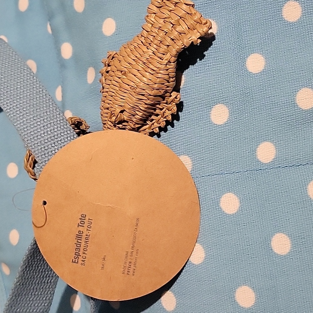 Pottery Barn teen Espadrille Blue white Polka-dot tote w/ Fish Keychain New - Picture 2 of 8